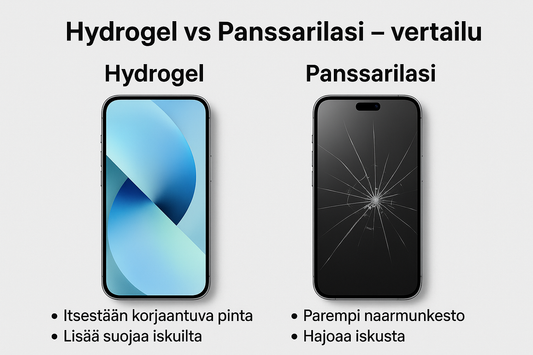 Hydrogel vs Panssarilasi – vertailukuva, jossa vasemmalla ehjä hydrogel-näytönsuoja ja oikealla haljennut panssarilasi modernien puhelimien näytöillä