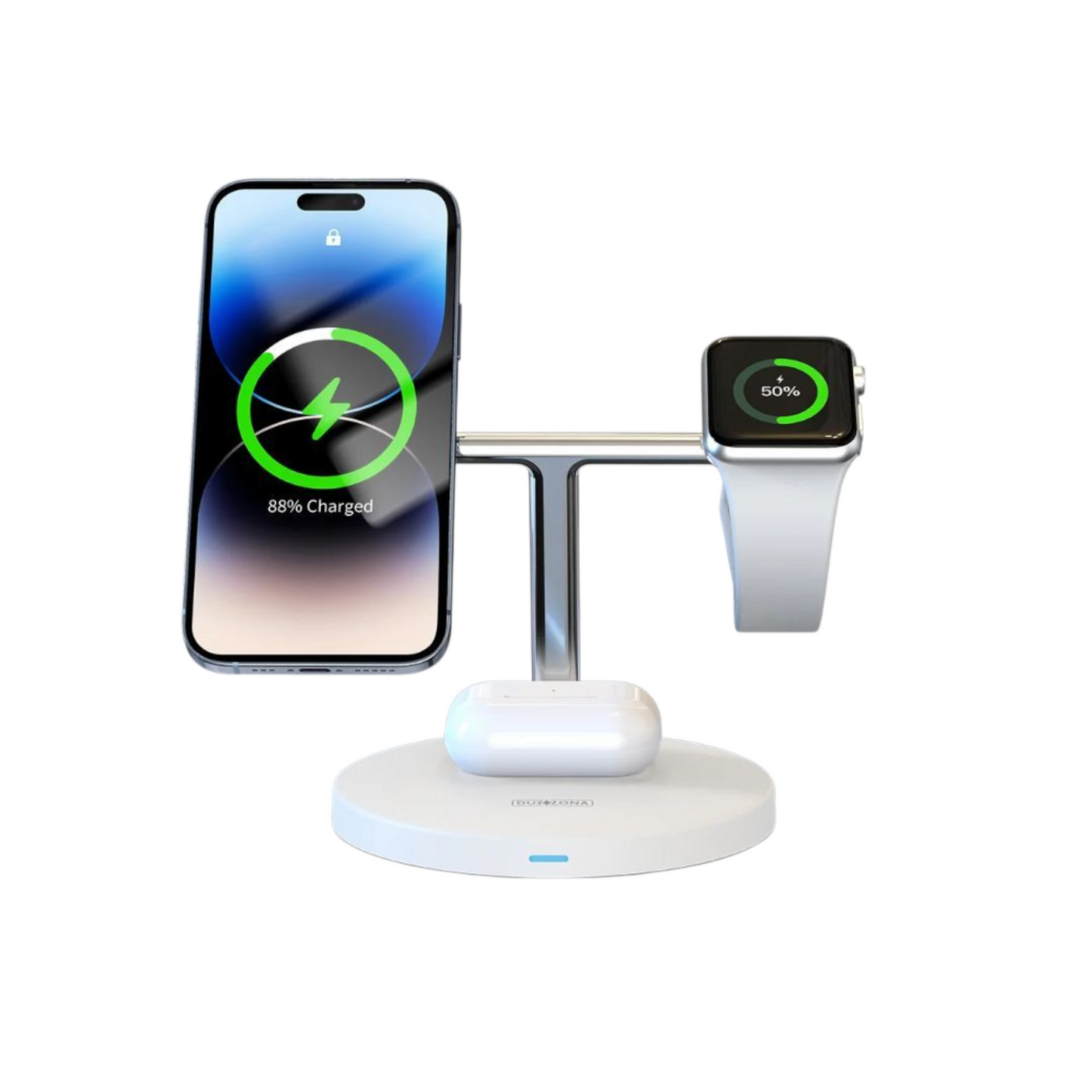 Valkoinen MagSafe All-in-One -jalusta käytössä – lataa iPhone, Watch ja AirPods samanaikaisesti