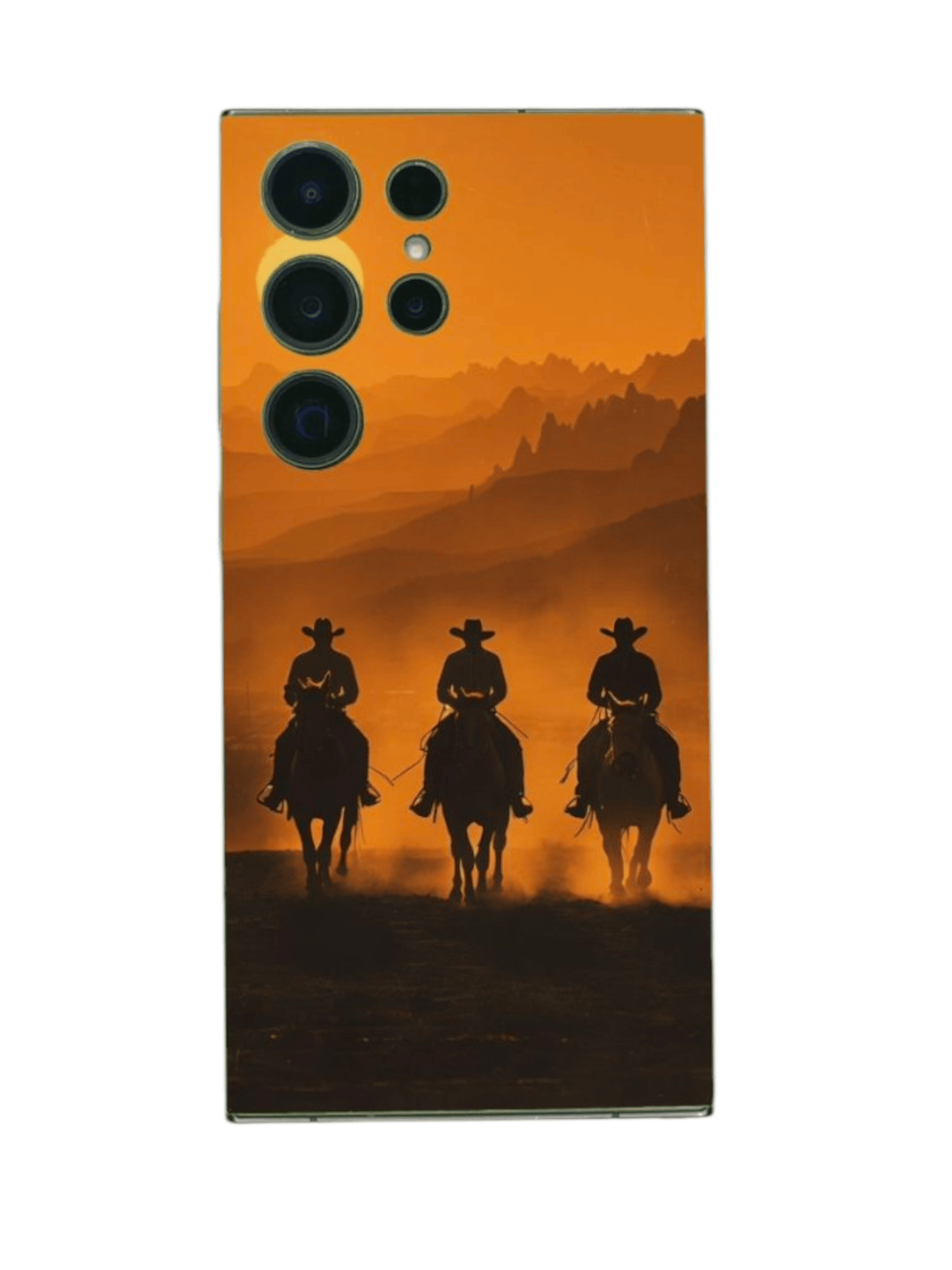 Cowboy-ratsastajat oranssia taustaa vasten