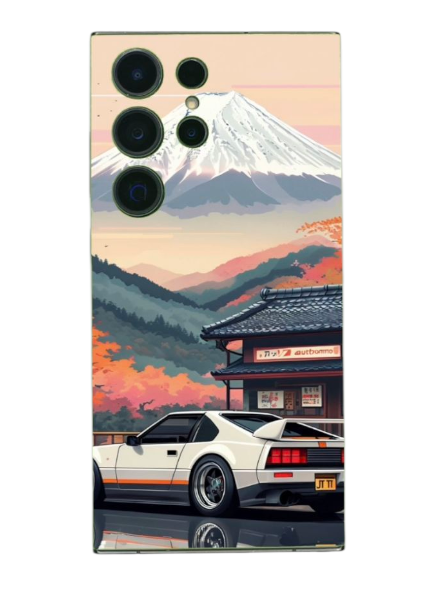 BackSkin Fuji Drift puhelimen takakalvo – Fuji-vuori ja retroauto syksyisessä Japanissa