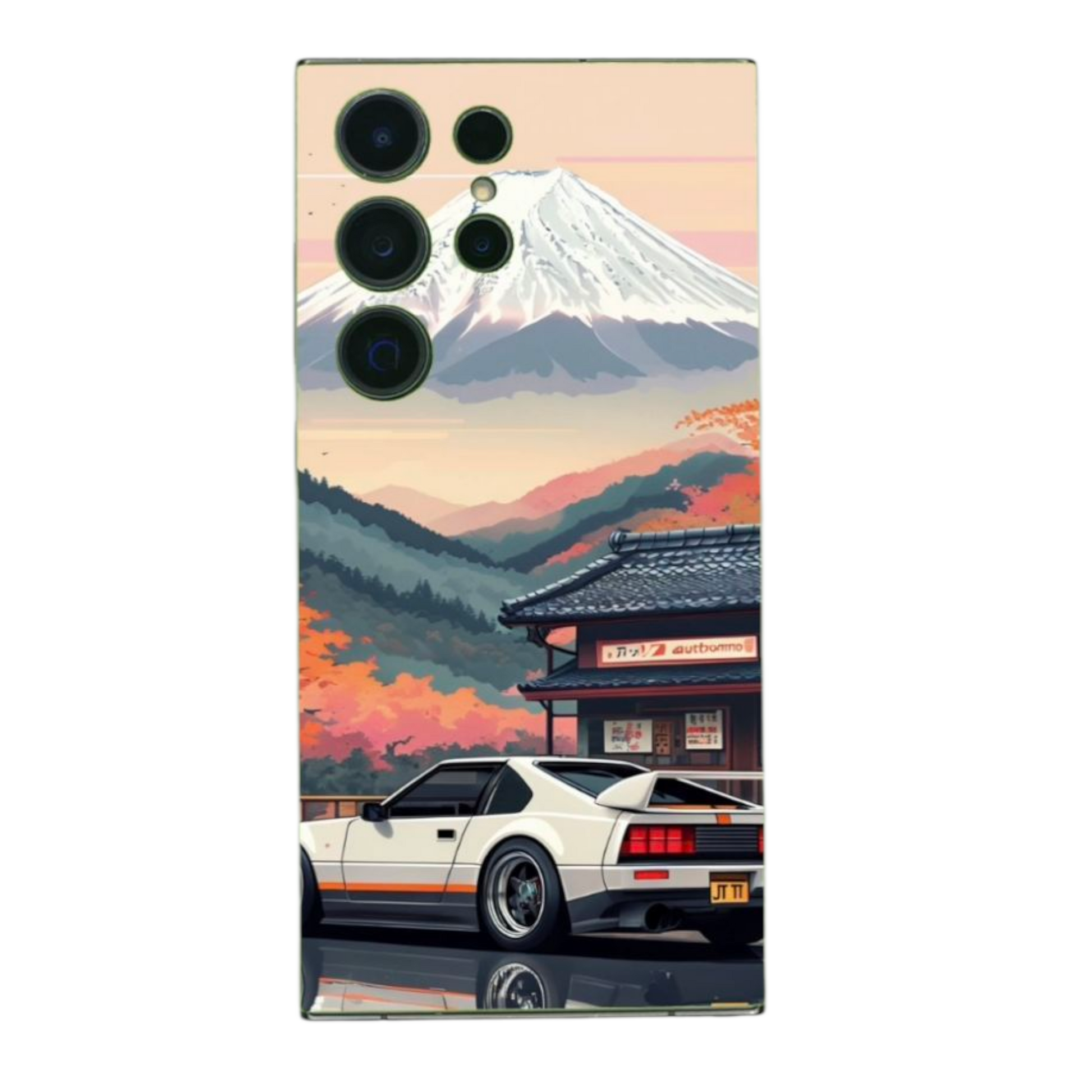 Autoaiheinen takakalvo puhelimeen – klassikkoauto ja vuoristomaisema