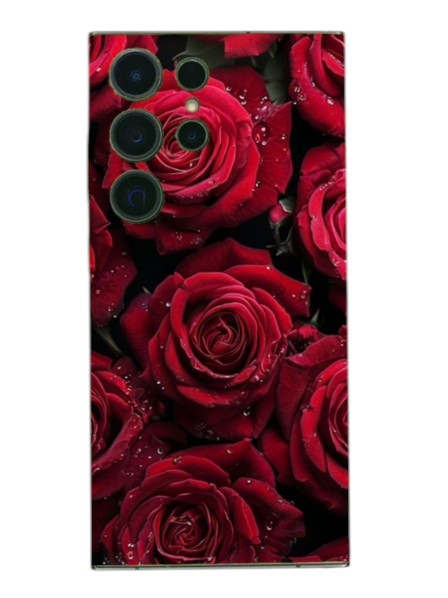 BackSkin Velvet Roses – puhelimen takakalvo punaisilla ruusuilla ja vesipisaroilla