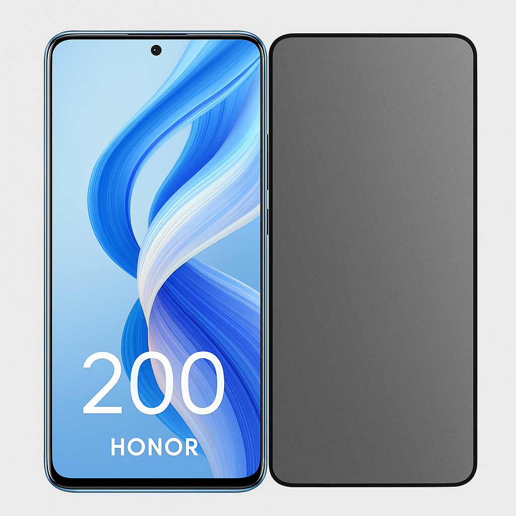 Honor 200 Lite puhelin ja mattapintainen privacy panssarikalvo vierekkäin