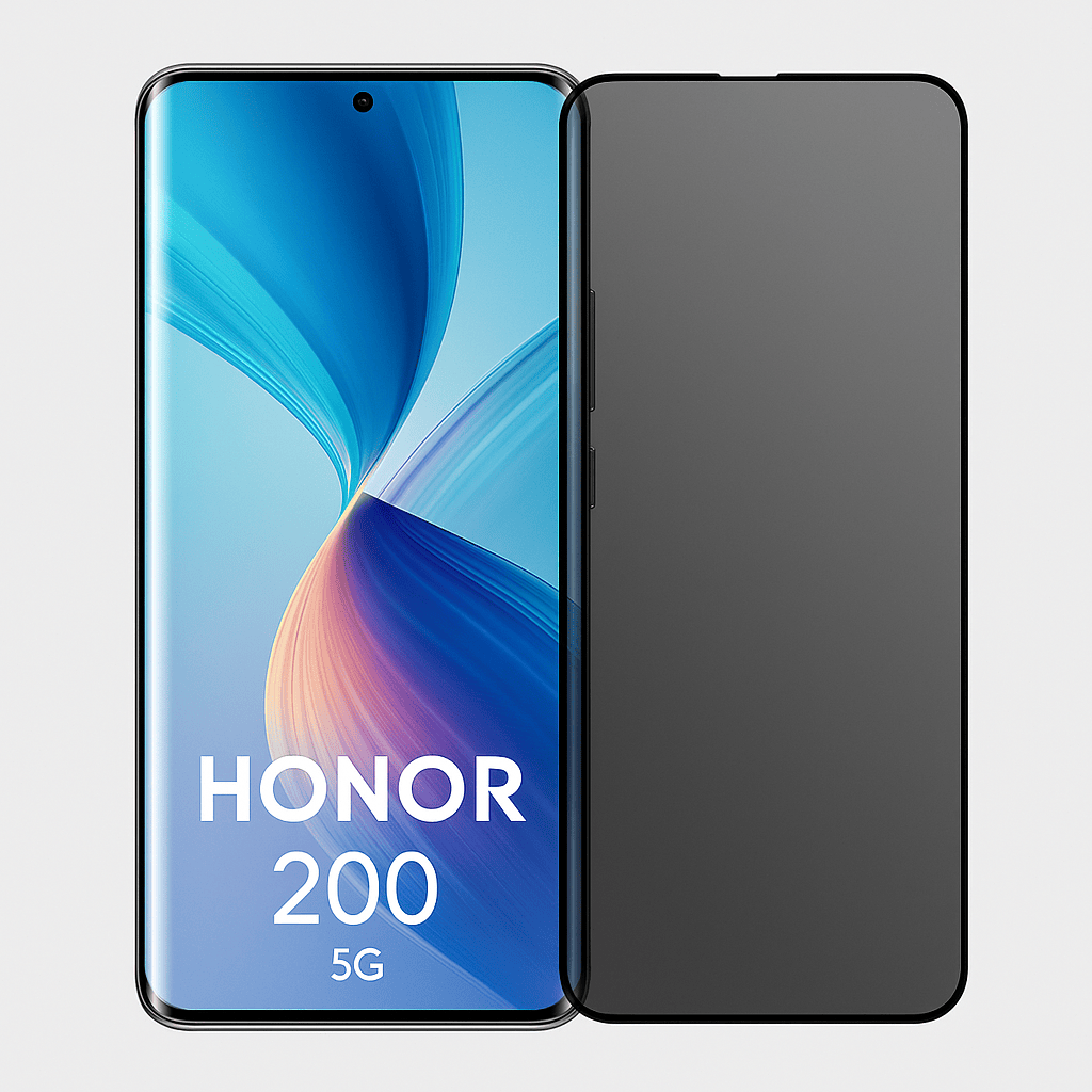 Honor 200 5G puhelin ja privacy panssarikalvo vierekkäin, tumma yksityisyyssuoja näytön päällä