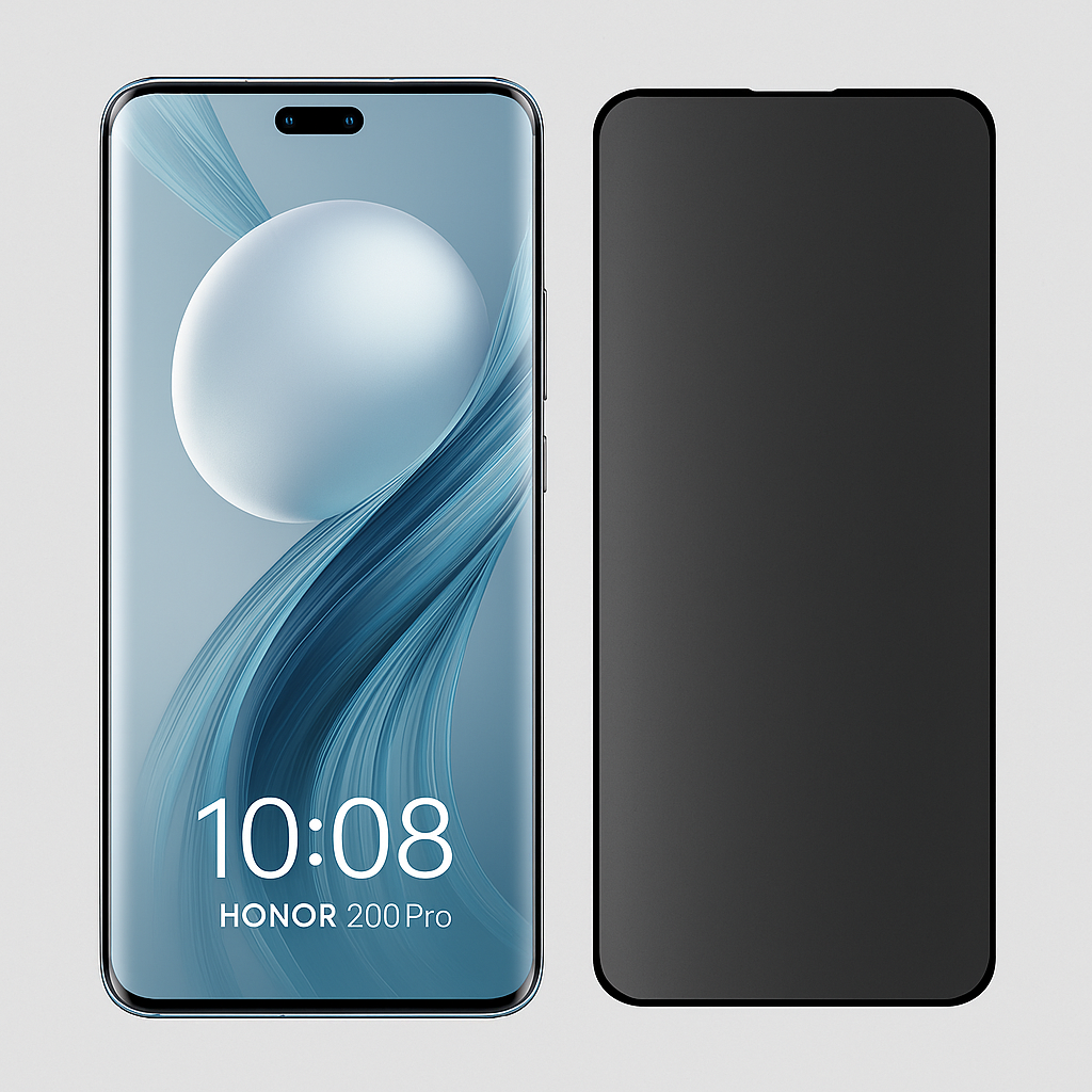 Honor 200 Pro puhelin ja privacy panssarikalvo vierekkäin, näyttö tumma sivulta katsottuna