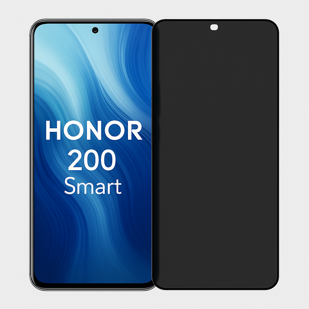 Honor 200 Smart puhelin ja privacy panssarikalvo vierekkäin, näyttö tummuu sivusta katsottuna