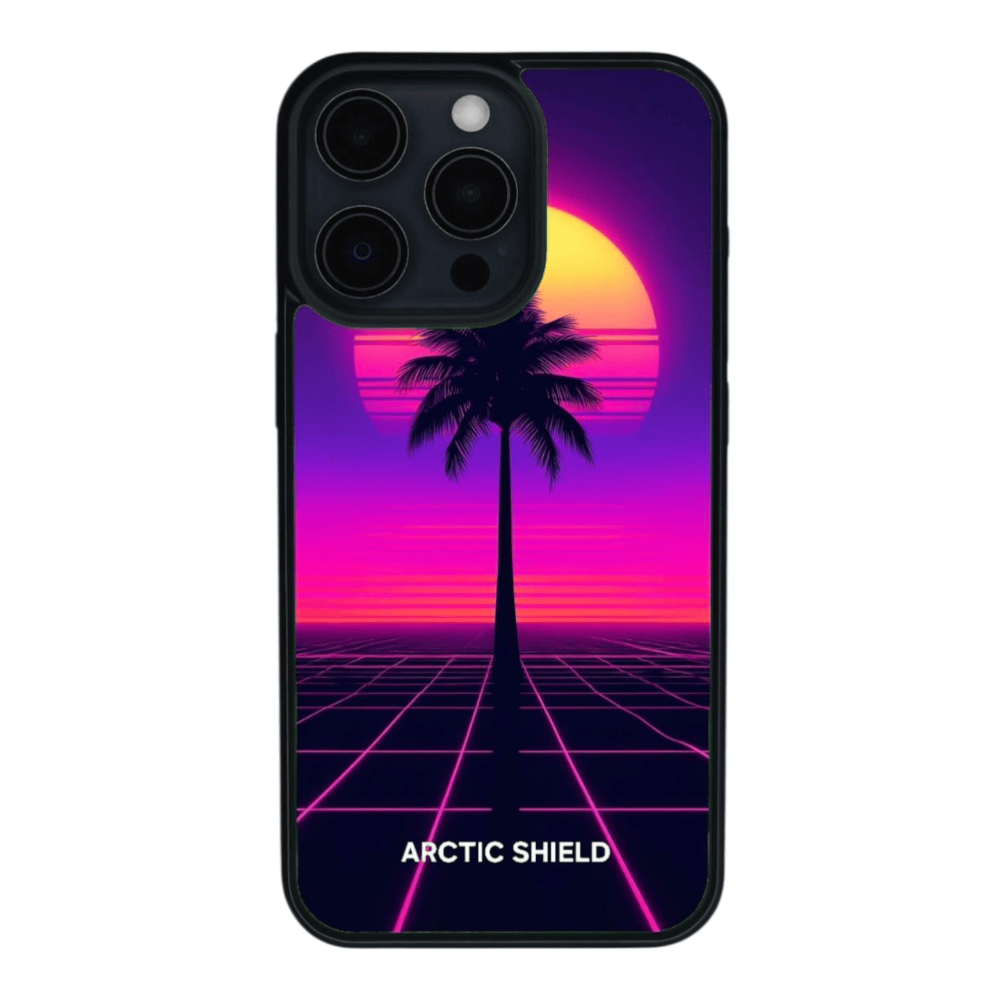 iPhone 11 Magsafe suojakuori – neon retro palmupuu ja aurinko violetilla taustalla