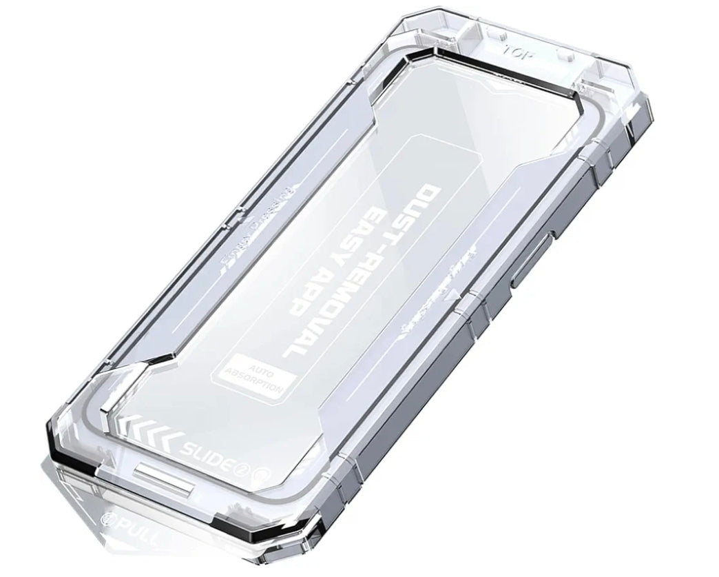 iPhone 11 Pro Max panssarilasi ja asennuskehikko vierekkäin