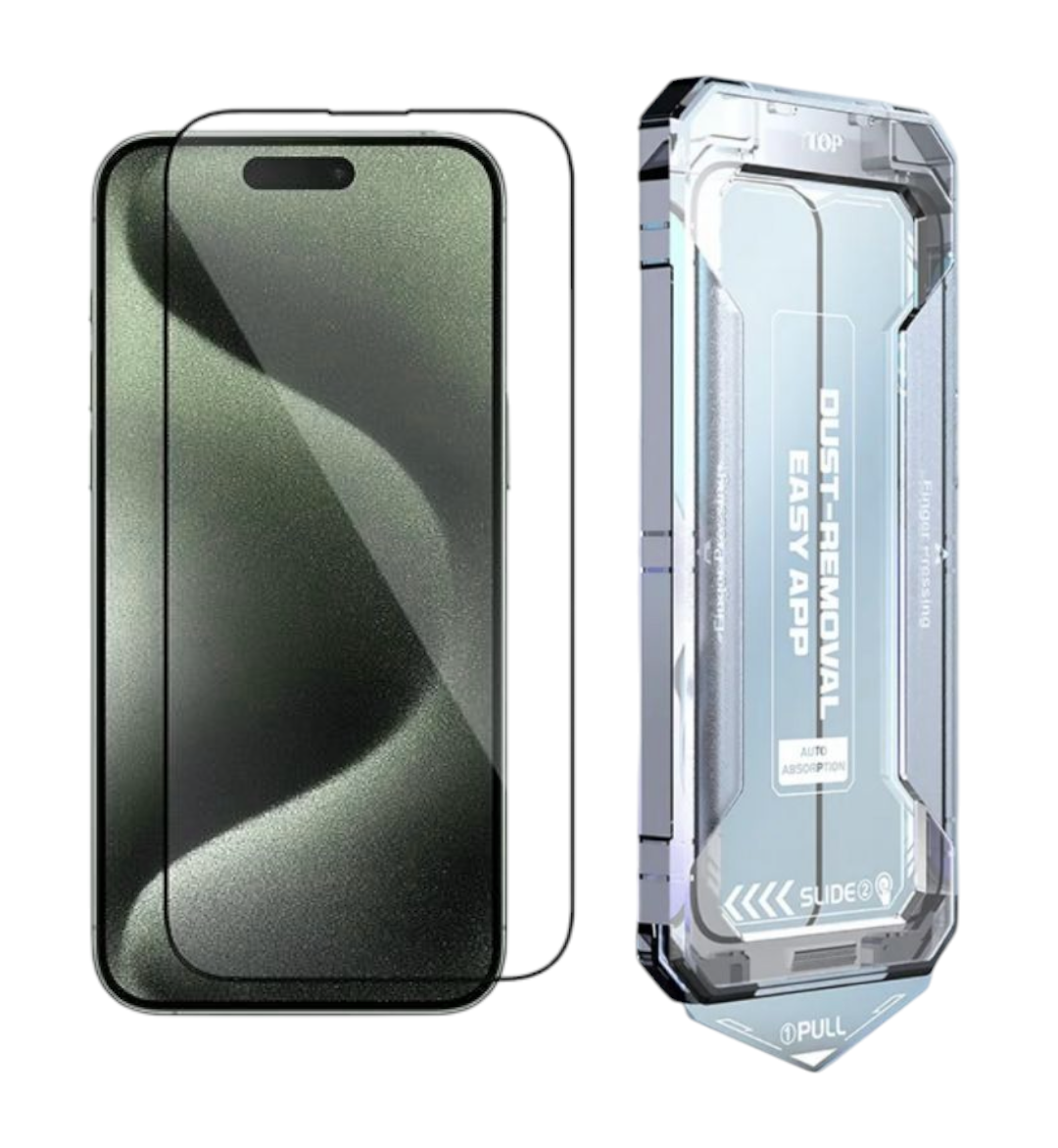 iPhone 11 Pro Max panssarilasi ja asennuskehikko sivuprofiilista