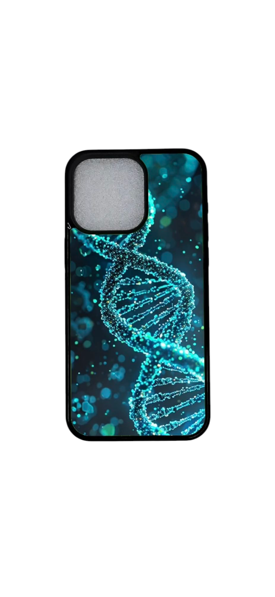 DNA-kuvioitu iPhone 12 -kuori – lähikuva hohtavasta kaksoiskierteestä