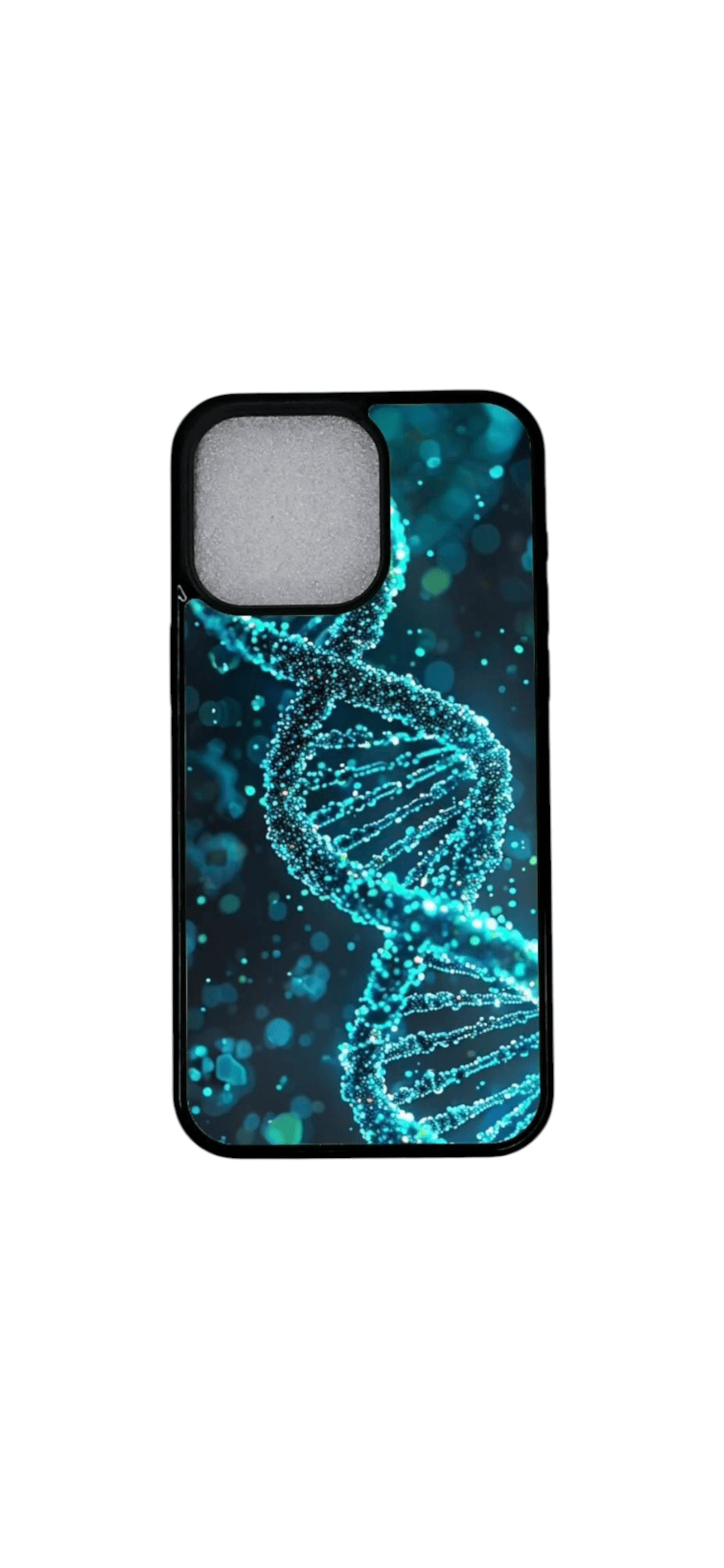 DNA-kuvioitu iPhone 12 -kuori – lähikuva hohtavasta kaksoiskierteestä