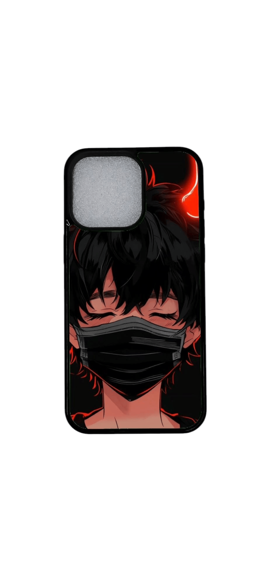 Tumma anime-design kuori iPhonelle, jossa MagSafe-magneetti