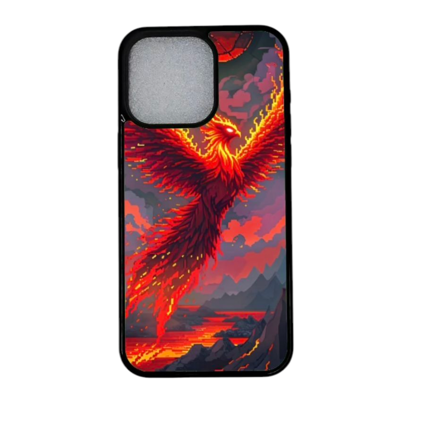 iPhone 12 Pro magneettinen kuori – feenikslintu nousee tulivuorten yllä edestä
