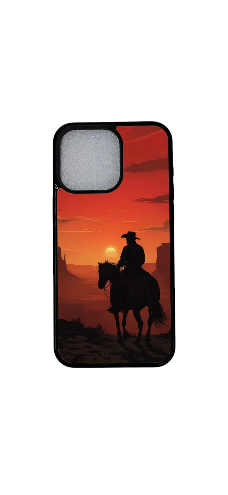 iPhone 12 Pro suojakuori auringonlaskussa ratsastavalla hahmolla