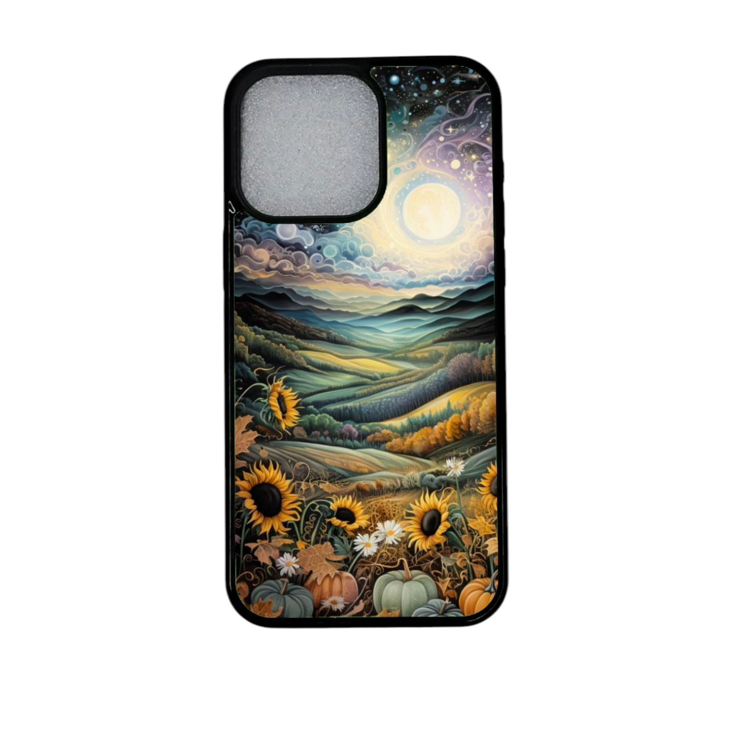 iPhone 12 Pro suojakuori maisemakuosilla, auringonkukilla ja kurpitsoilla (etukuva)