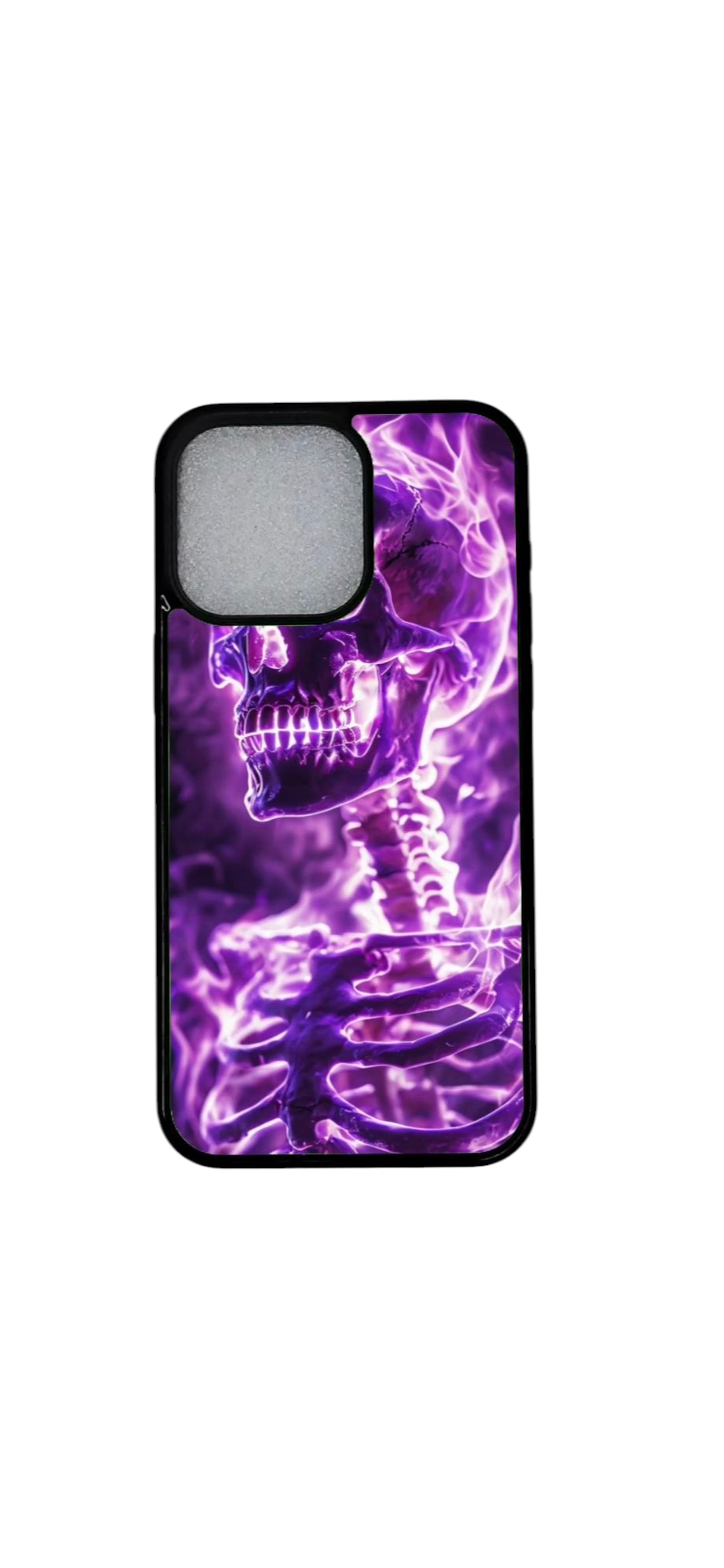 iPhone 12 Pro suojakuori violettia liekkiä ja kallokuviota edestä laaja