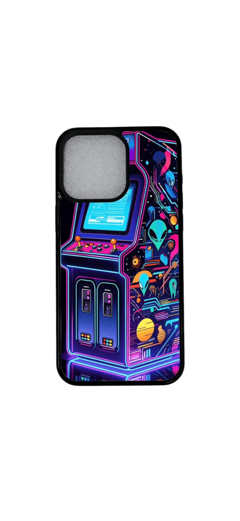 iPhone 12 suojakuori neonvärisellä arcade-designilla – etunäkymä