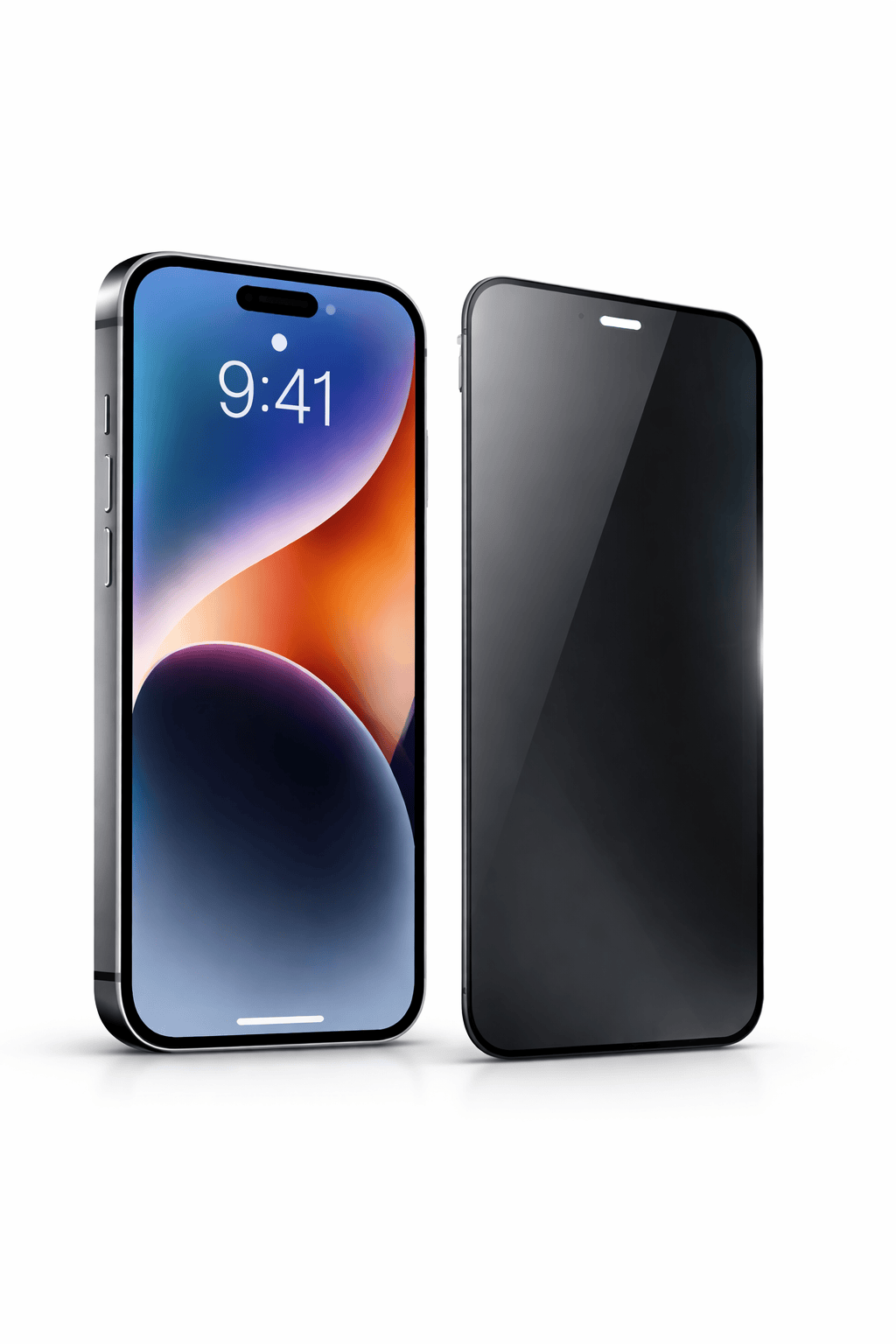iPhone 13 Pro privacy panssarilasi ja puhelin vierekkäin valkoisella taustalla, 9H sivulta tummentuva näytönsuoja