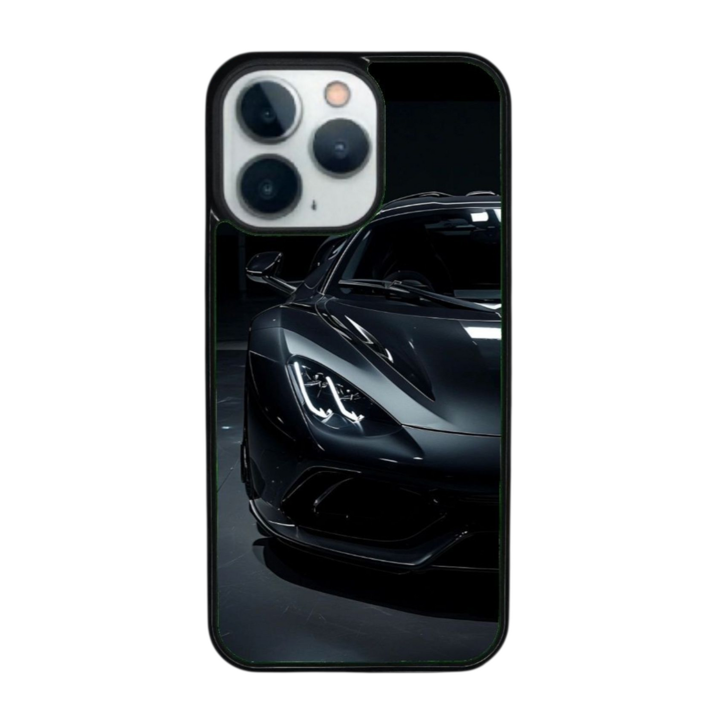 iPhone 15 Plus suojakuori omalla kuvalla – musta urheiluauto design tummalla taustalla