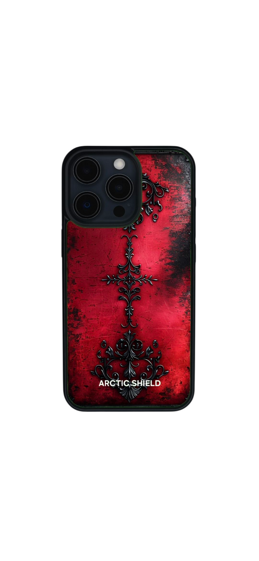 iPhone 15 Pro Max Magsafe suojakuori – punainen metallinen pohja ja musta risti