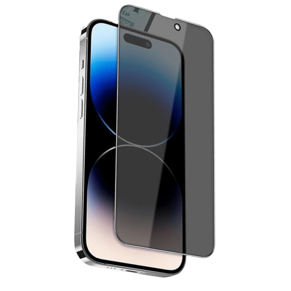 iPhone 15 Pro Max privacy panssarilasi sivulta tumma näkymä