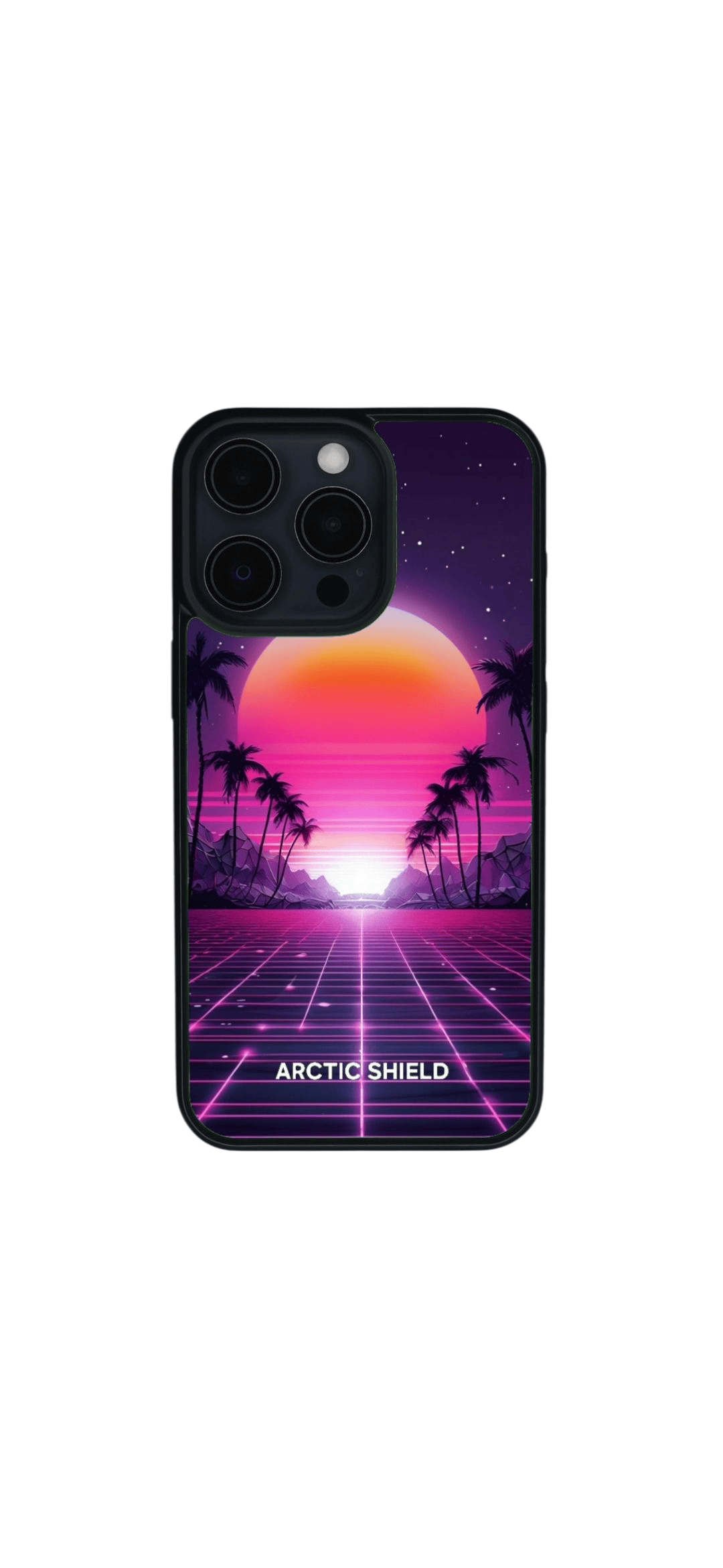 iPhone 15 phone cover – Neon grid and tropical sunset