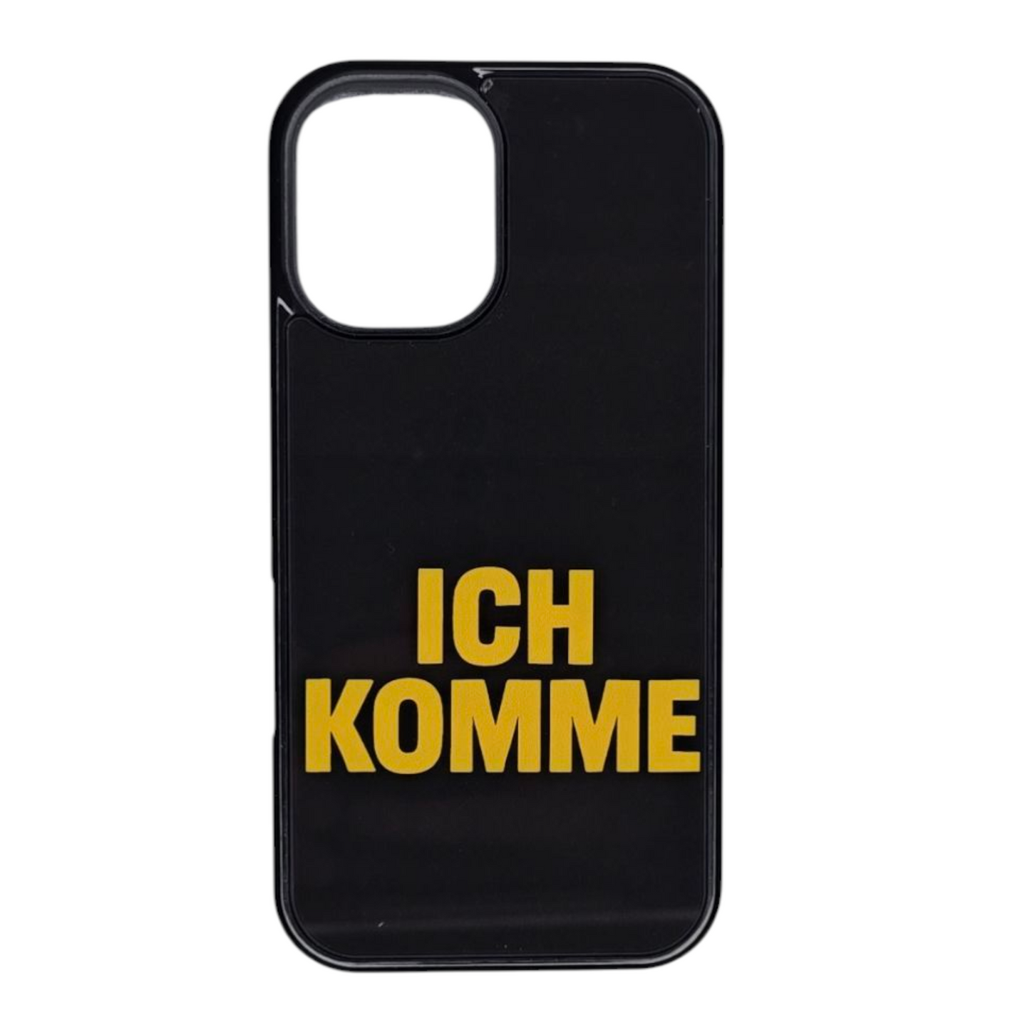 Musta iPhone 16 Plus kuori – kirkas oranssi ICH KOMME -teksti