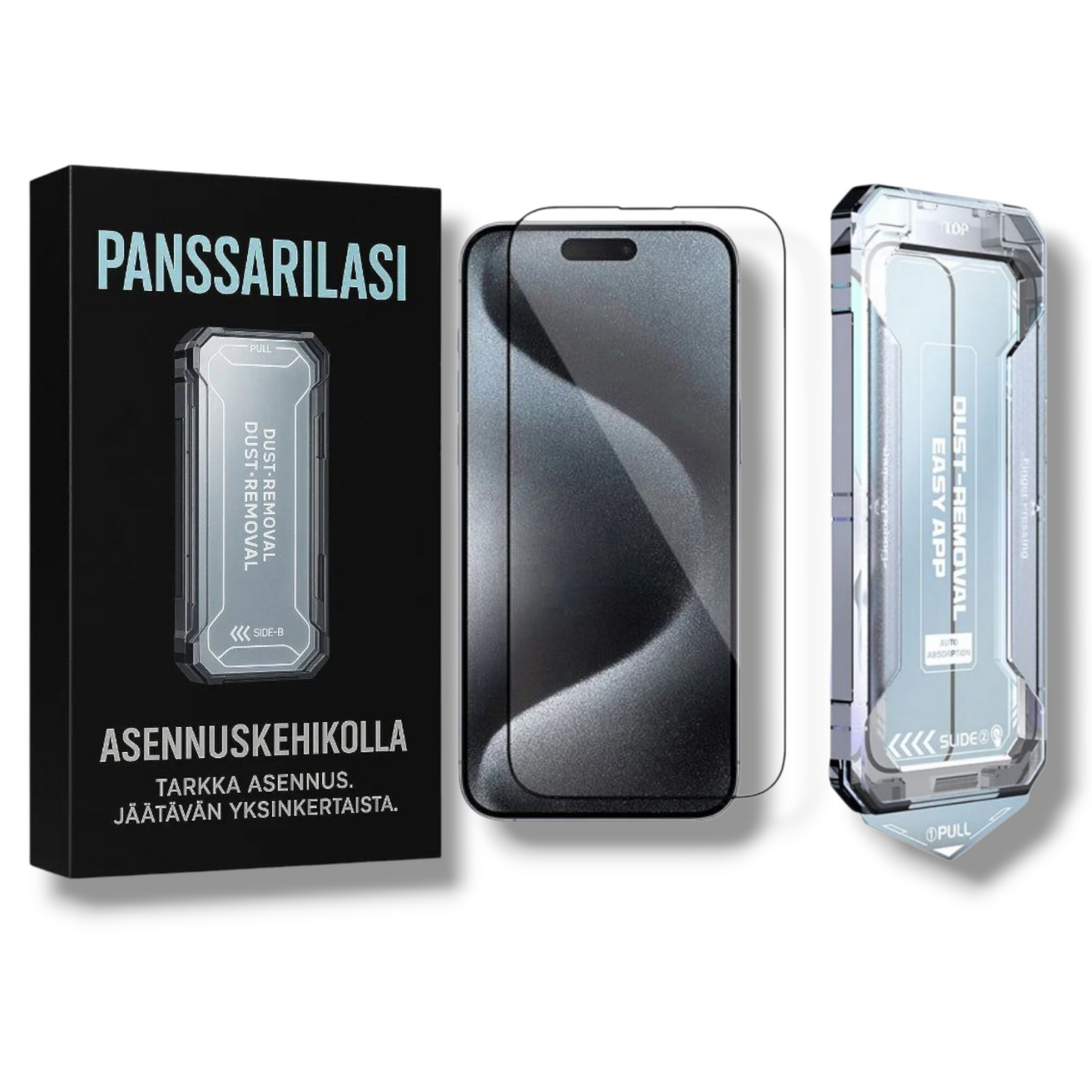 iPhone 17 Air panssarilasi asennuskehikolla pakkauksessa – kirkas suoja