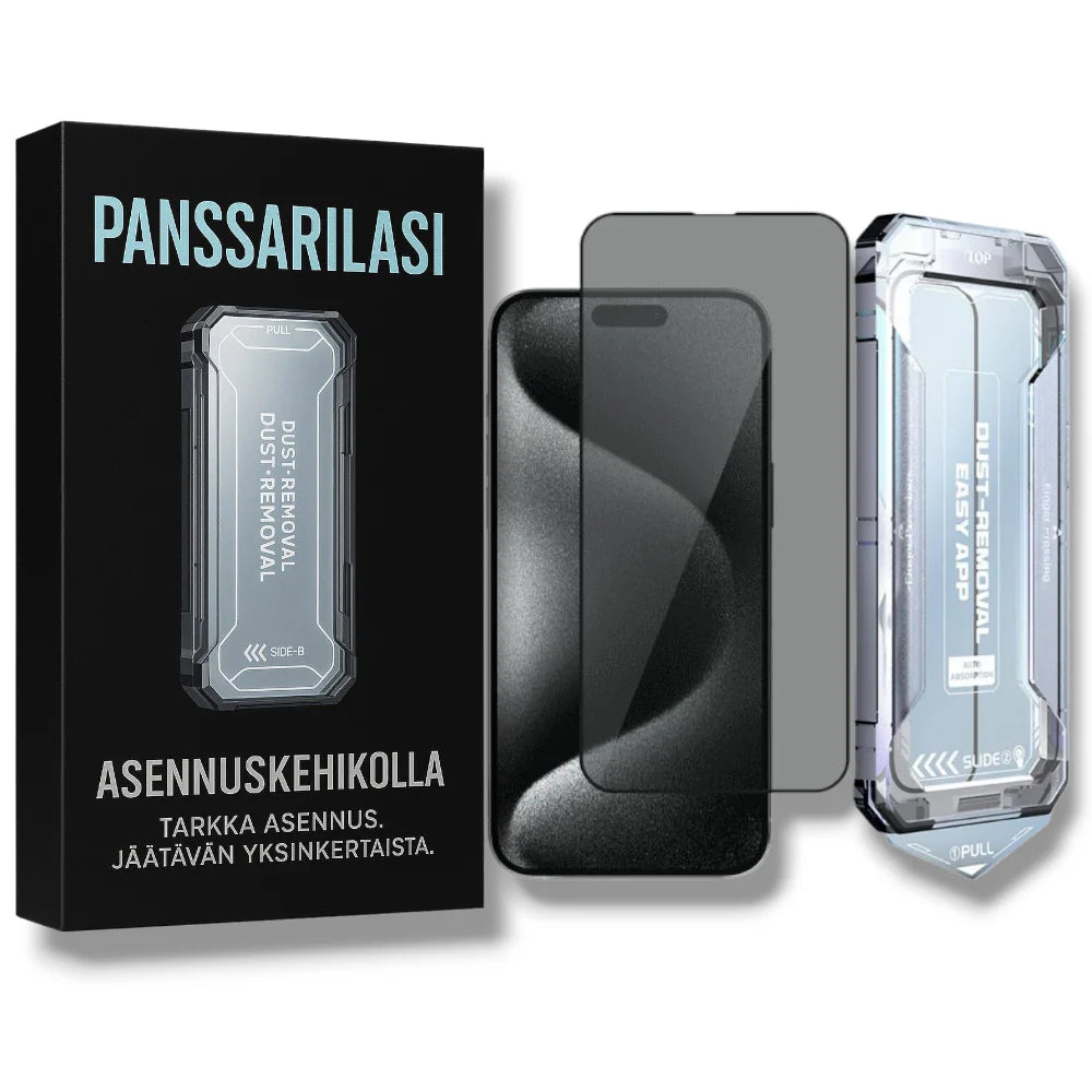 iPhone 17 Pro Max privacy panssarilasi asennuskehikolla pakkauksessa – yksityisyyssuoja