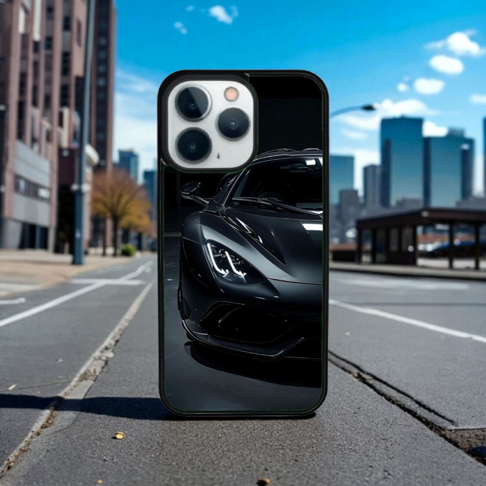 iPhone X / XS suojakuori omalla kuvalla – musta urheiluauto design kaupunkimaisemassa