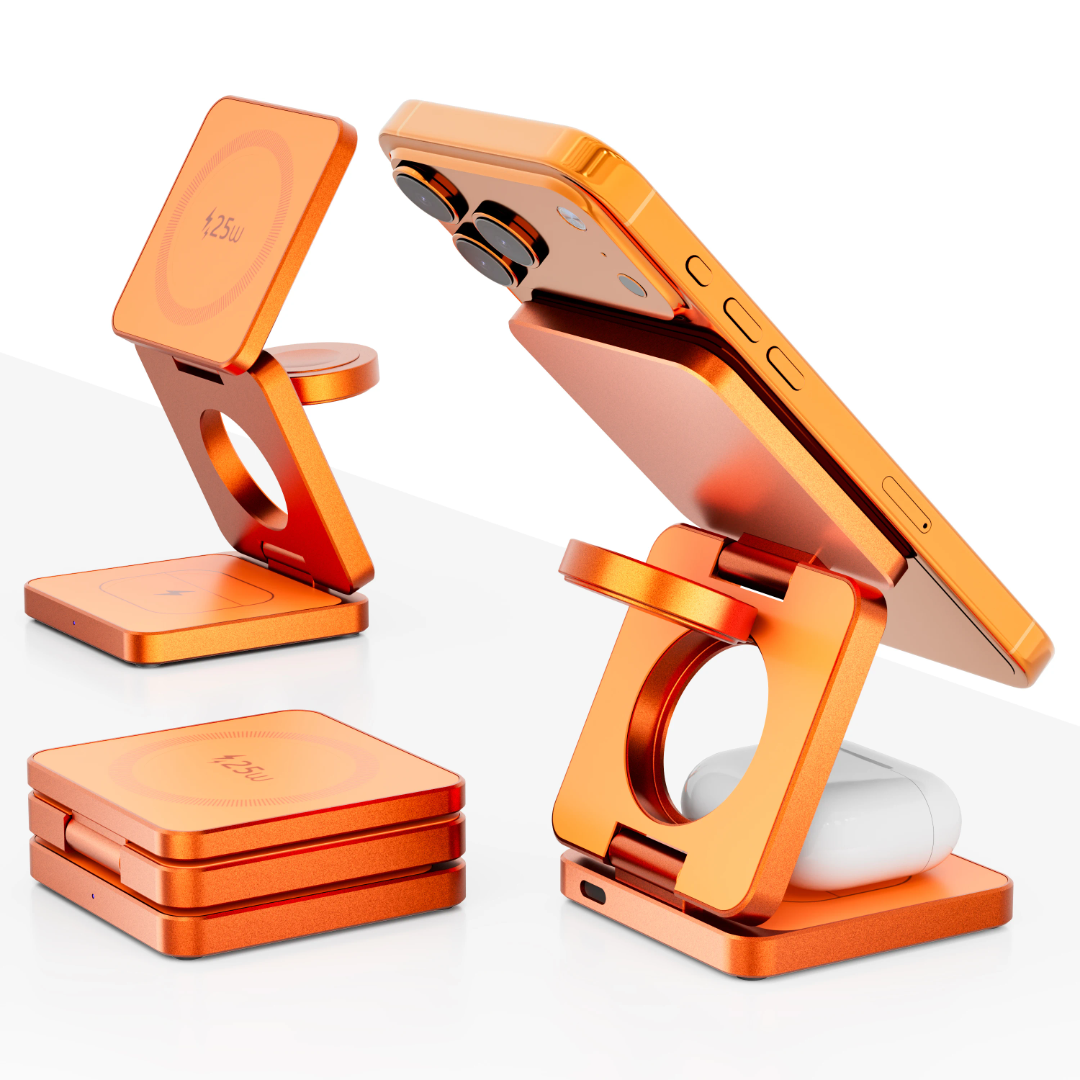 Taittuva 25W MagSafe langaton latausteline oranssina – säädettävä puhelinteline iPhone ja Samsung Galaxy -malleille, kompakti matkakäyttöön