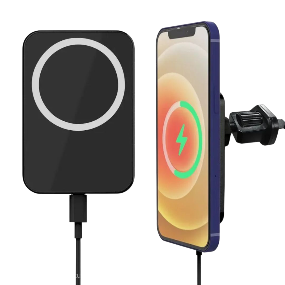 MagSafe-autoteline iPhonelle – musta teline ilmastointiritilään kiinnitettynä