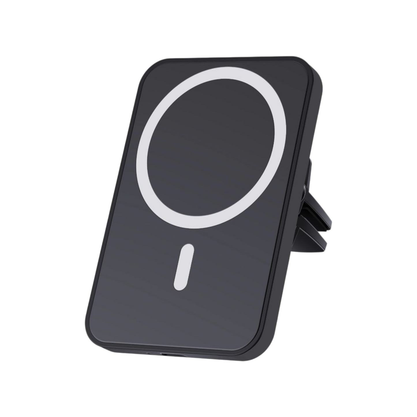 Viistosta kuvattu musta MagSafe-autoteline iPhonelle – magneettinen ja lataava