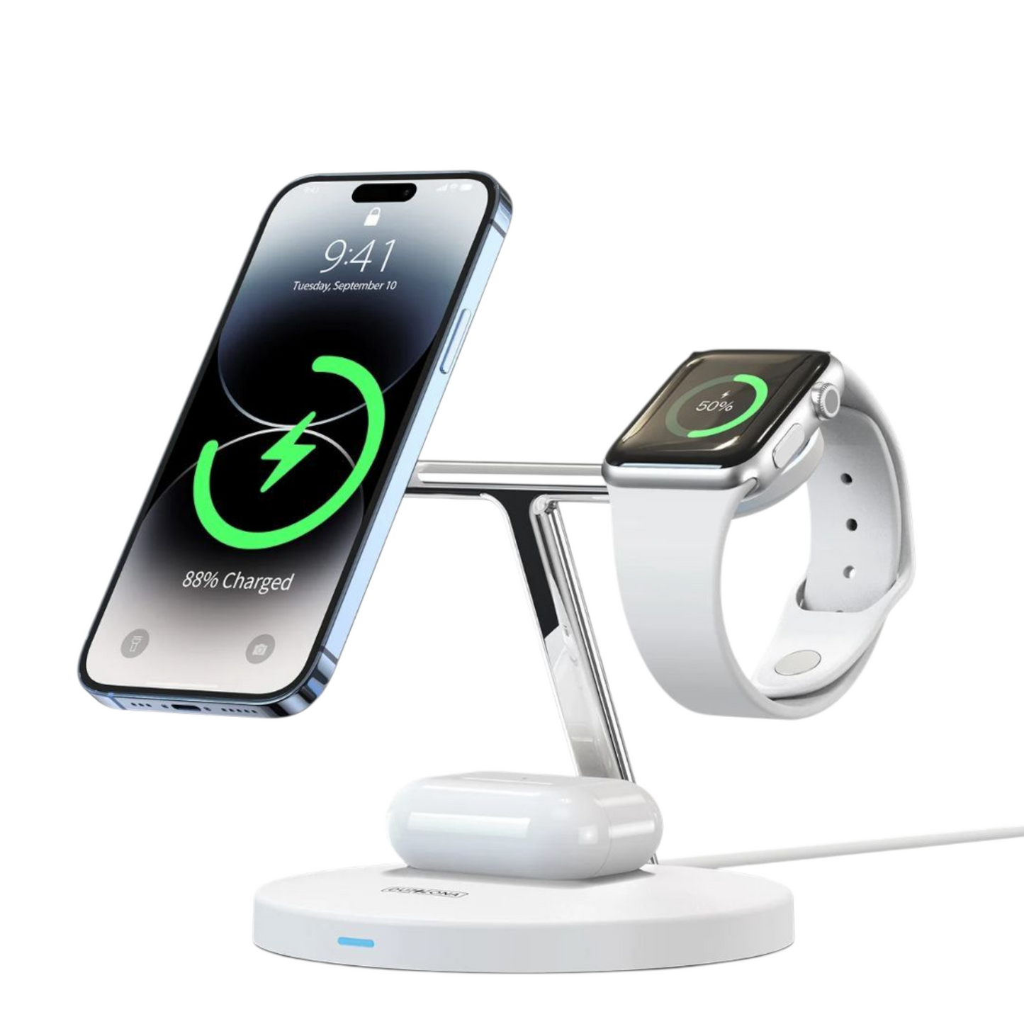Valkoinen laturi iPhone 3-in-1 MagSafe-teline – katselukulma viistosta