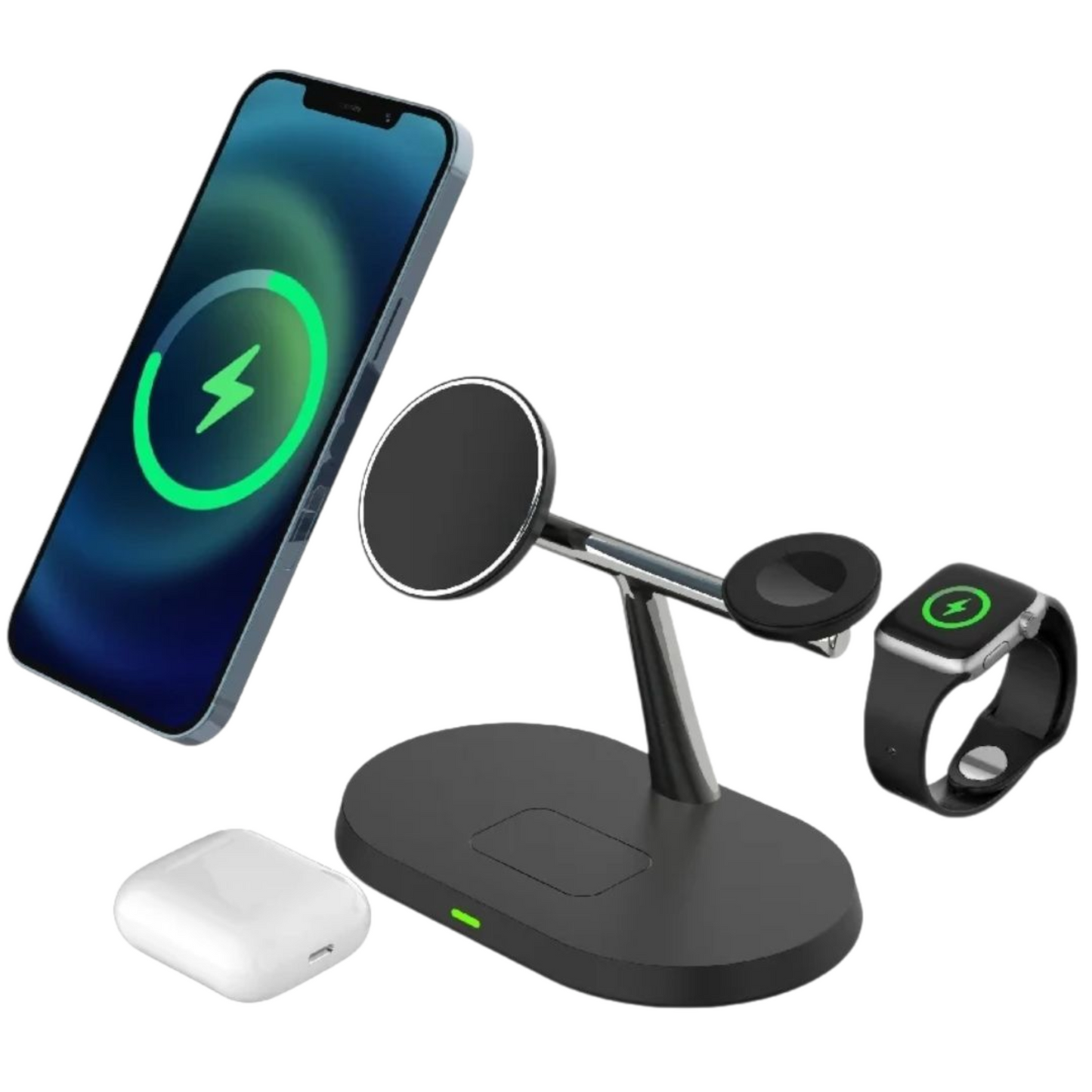 Musta MagSafe-laturi – iPhone, Watch ja AirPods näyttävästi ilmassa
