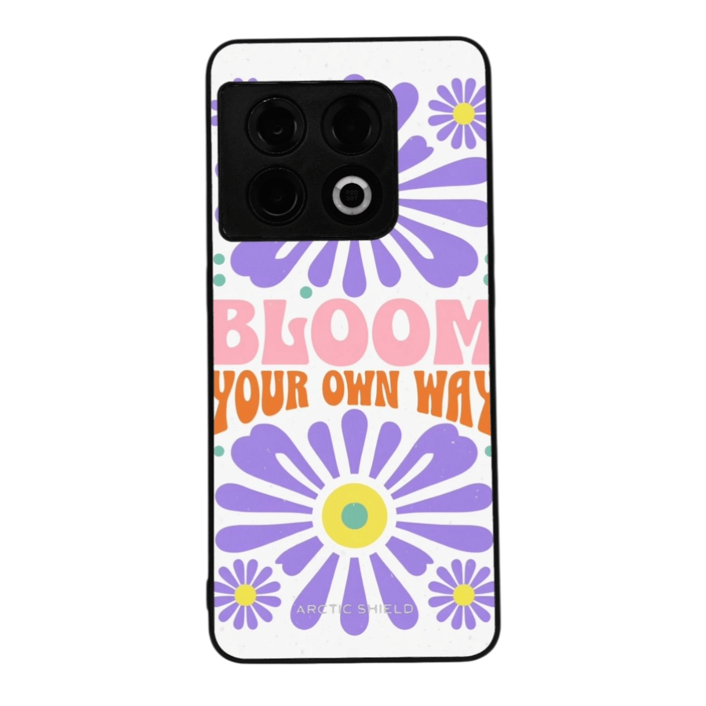 OnePlus 11R kuori – värikäs retro kukkadesign ja inspiroiva teksti Bloom Your Own Way