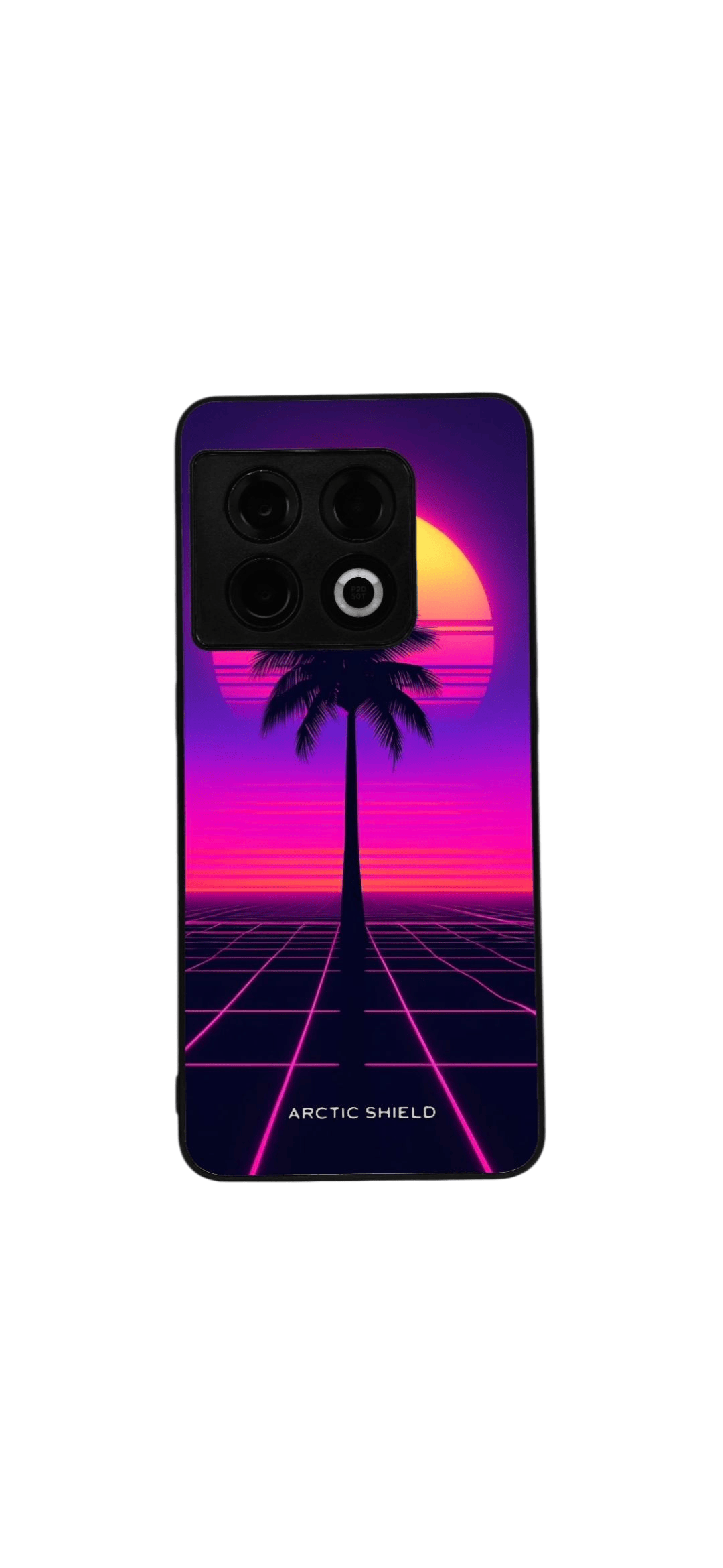 OnePlus 12 kuori – Neon maisema, palmu ja pinkki violetti aurinko