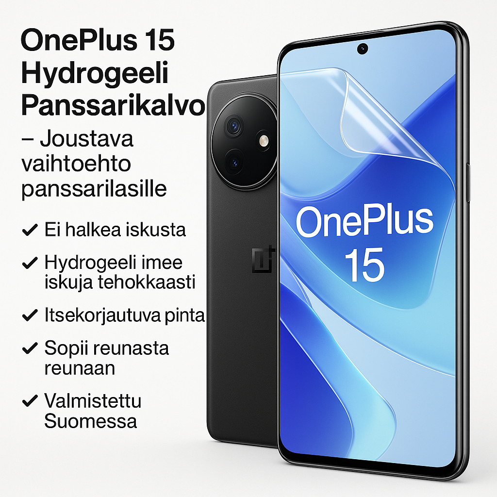 OnePlus 15 -puhelin ja Arctic Shield hydrogeeli panssarikalvo puoliksi asennettuna – joustava vaihtoehto panssarilasille, reunasta reunaan suoja, ei halkea iskusta.