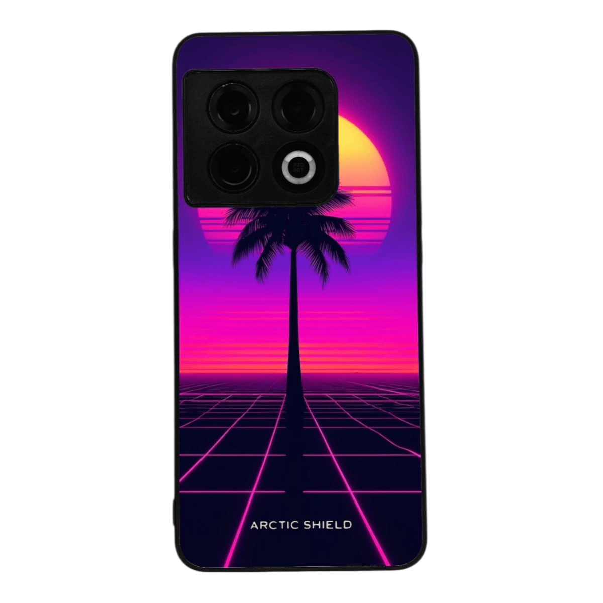 OnePlus Nord 2T kuori – Neon maisema, palmu ja pinkki violetti aurinko