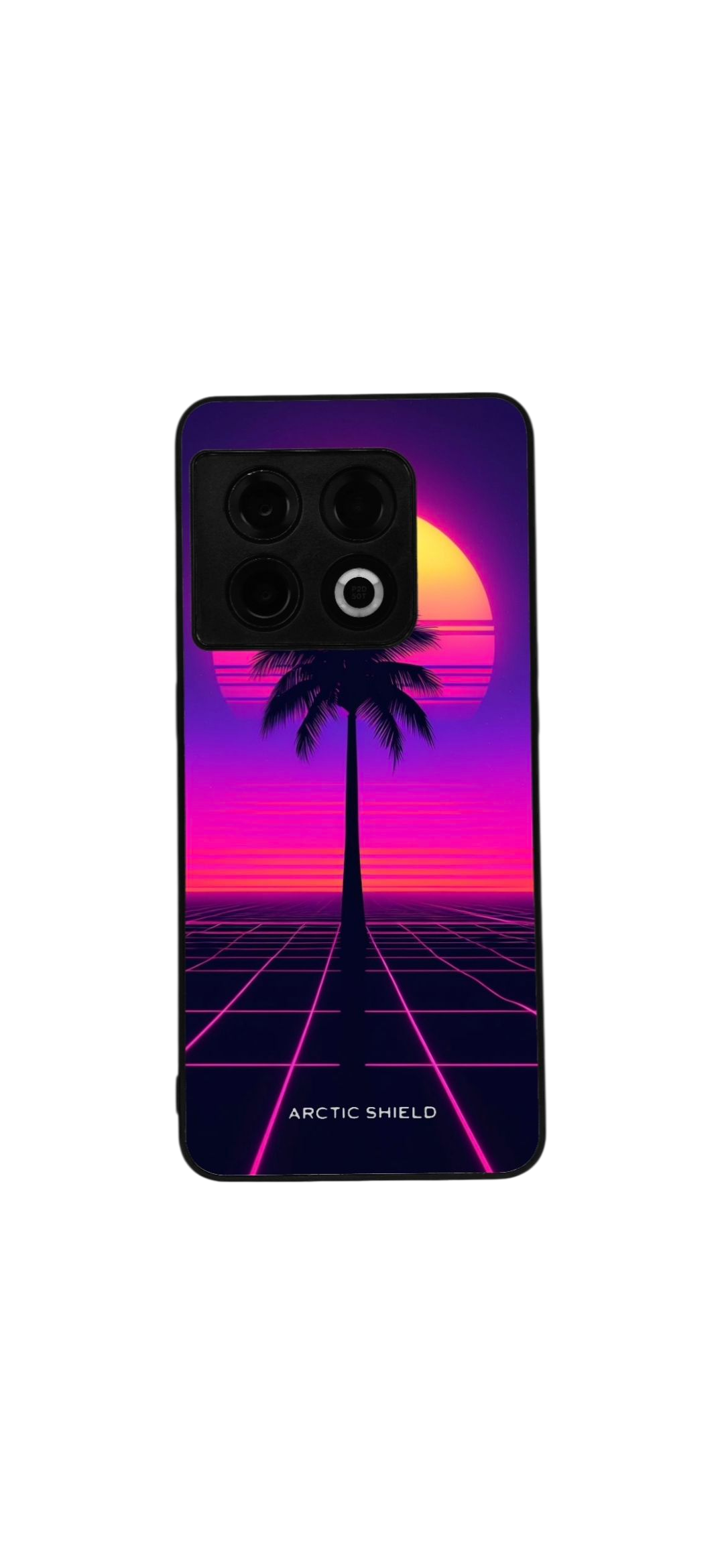 OnePlus Nord 4 kuori – Neon maisema, palmu ja pinkki violetti aurinko