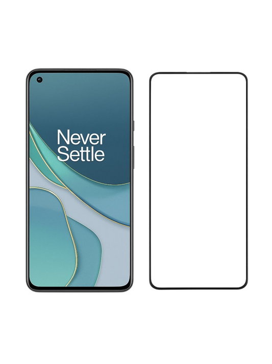 OnePlus Nord N200 5G panssarilasi – 9H Full Cover näytönsuoja puhelimen vieressä