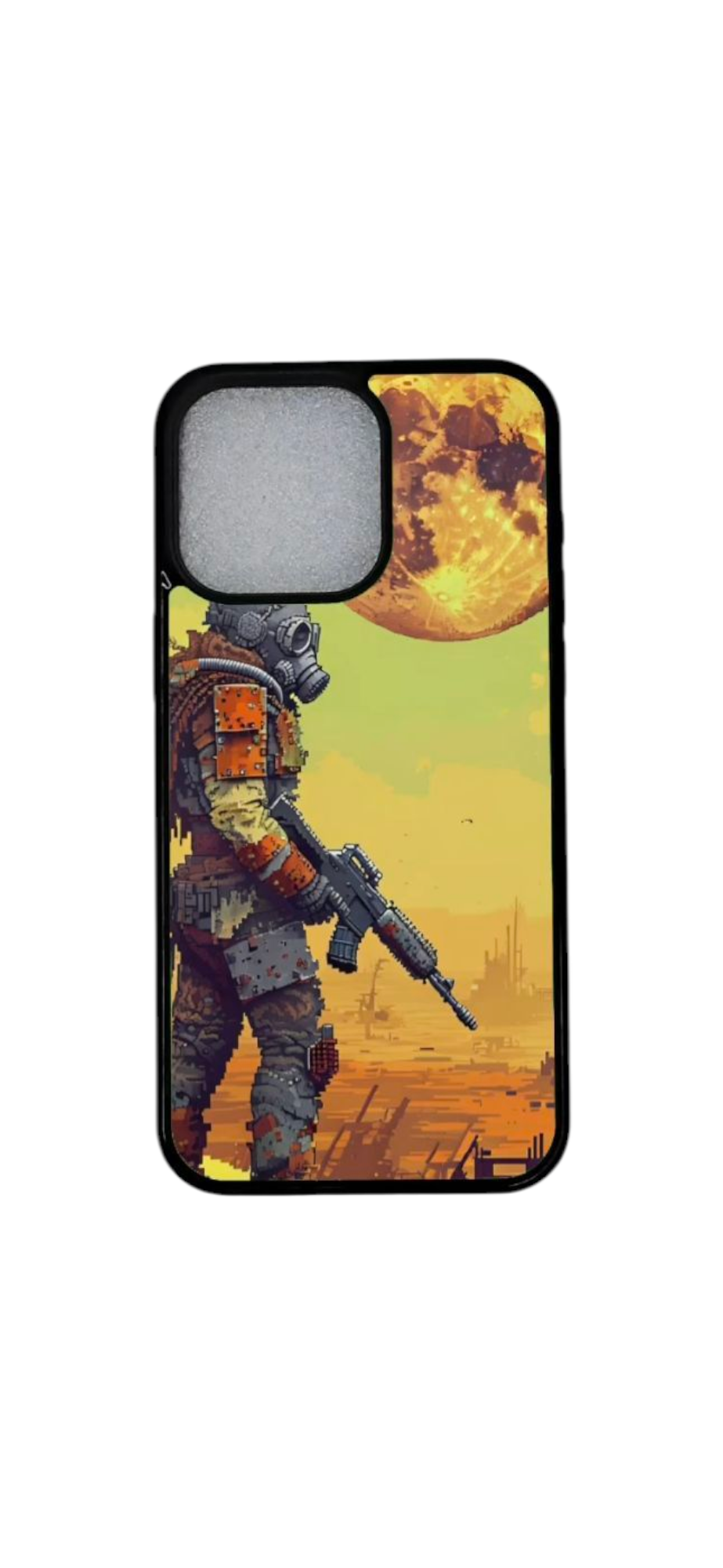 Magneettinen iPhone-kuori, jossa pikselisotilas ja valtava kuu