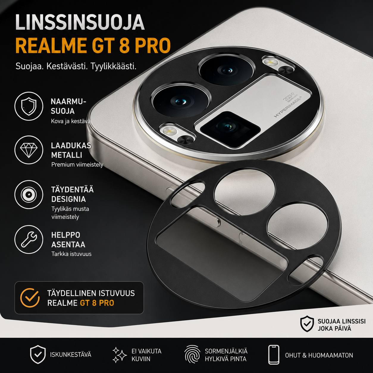 Realme GT 8 Pro linssinsuoja – kameran linssin suojalasi mustalla metallikehyksellä