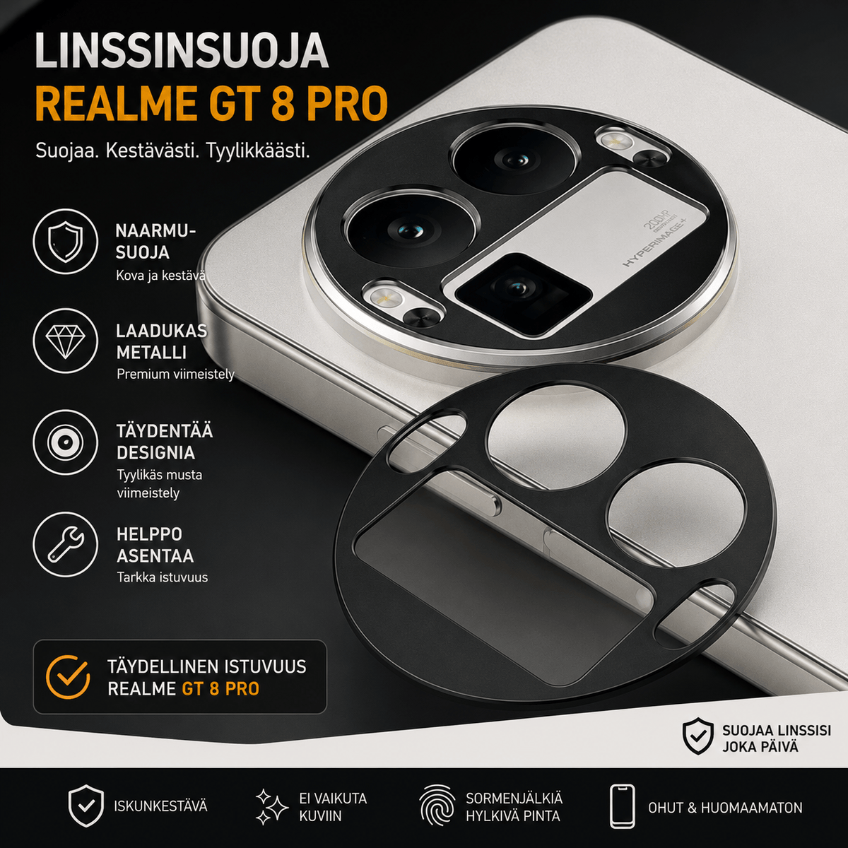 Realme GT 8 Pro linssinsuoja – kameran linssin suojalasi mustalla metallikehyksellä