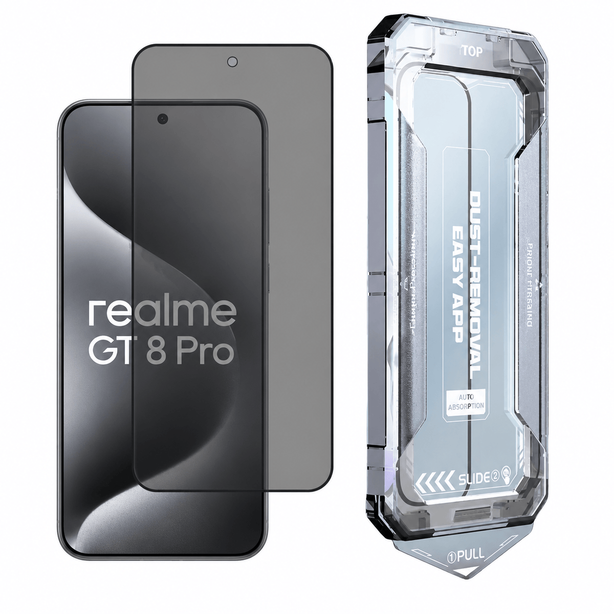 Realme GT 8 Pro privacy panssarilasi asennuskehikolla – 9H yksityisyyssuojallinen näytönsuoja