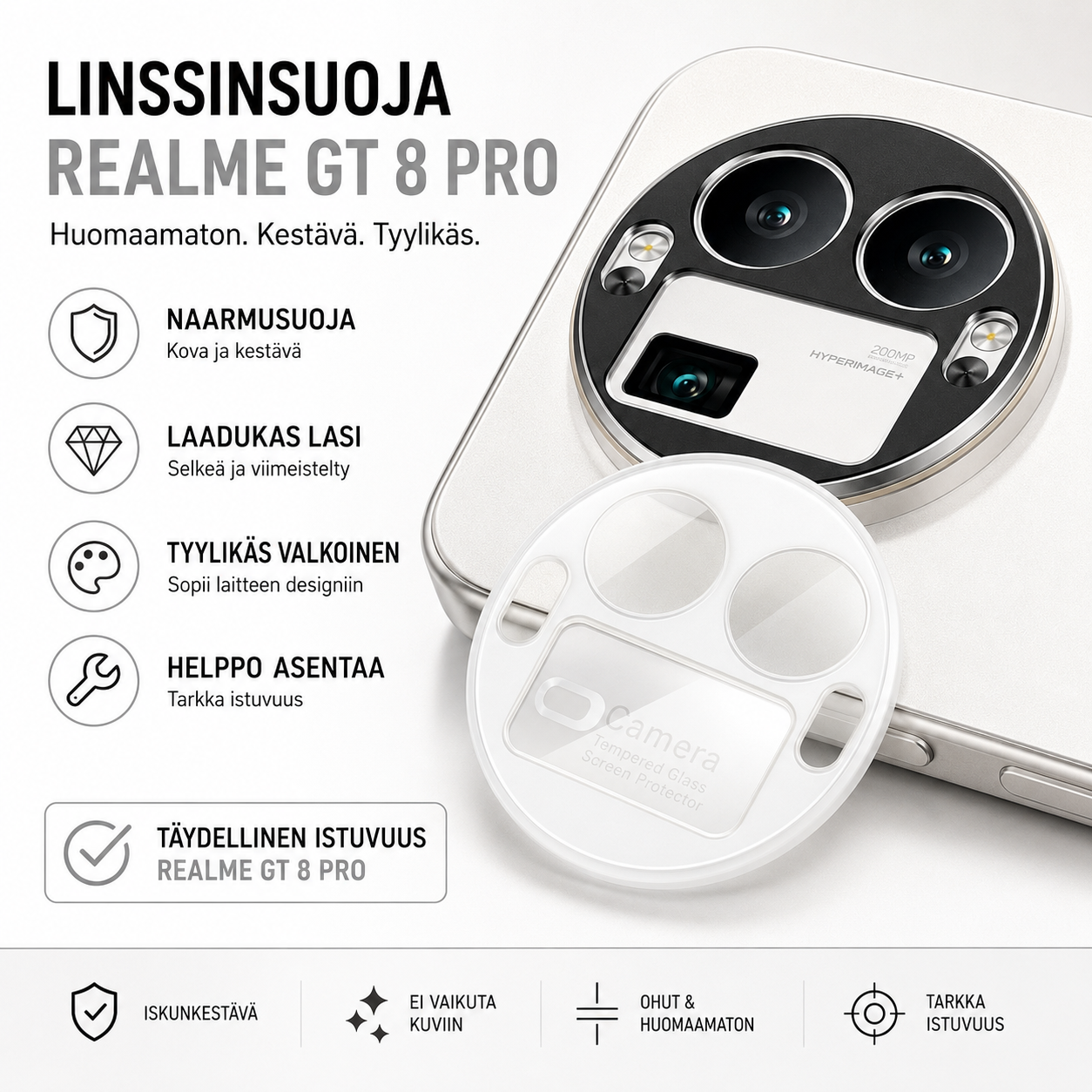 Realme GT 8 Pro valkoinen linssinsuoja – kameran linssin suojalasi