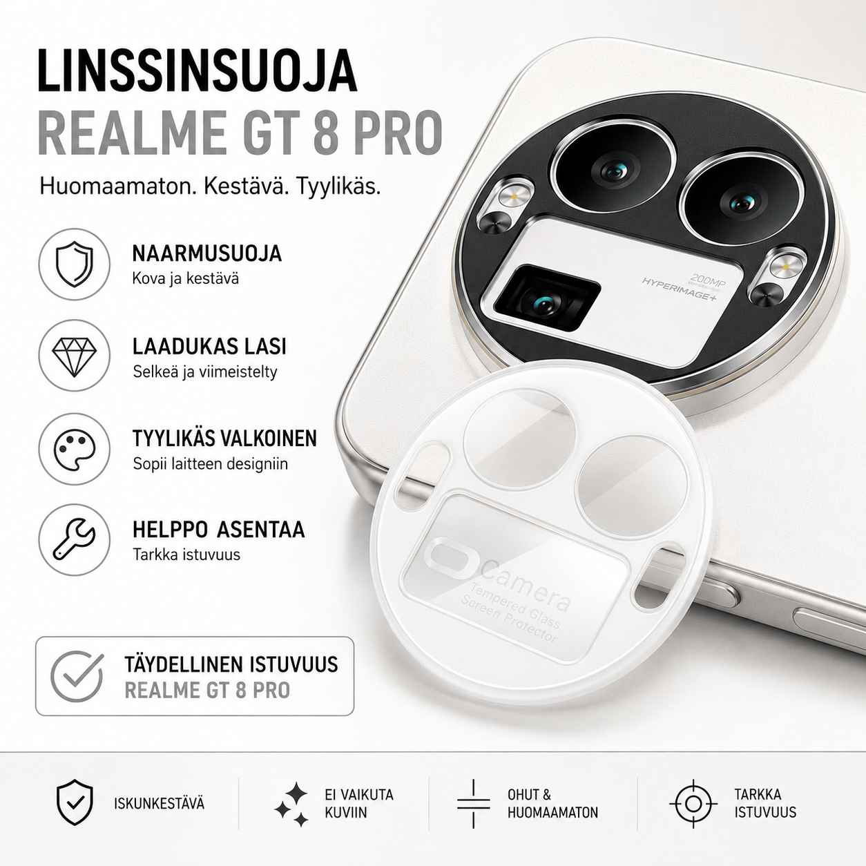 Realme GT 8 Pro valkoinen linssinsuoja – kameran linssin suojalasi