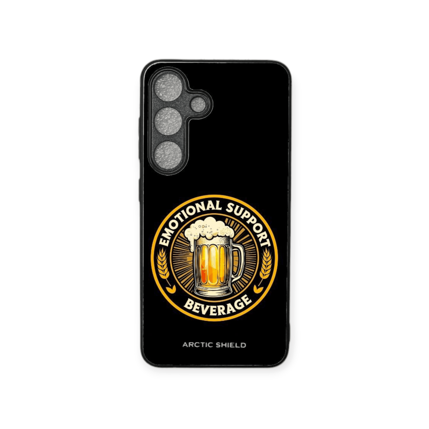 Samsung S25+ suojakuori – Emotional Support Beverage -olutkuosi, rento Arctic Shield -tyyli