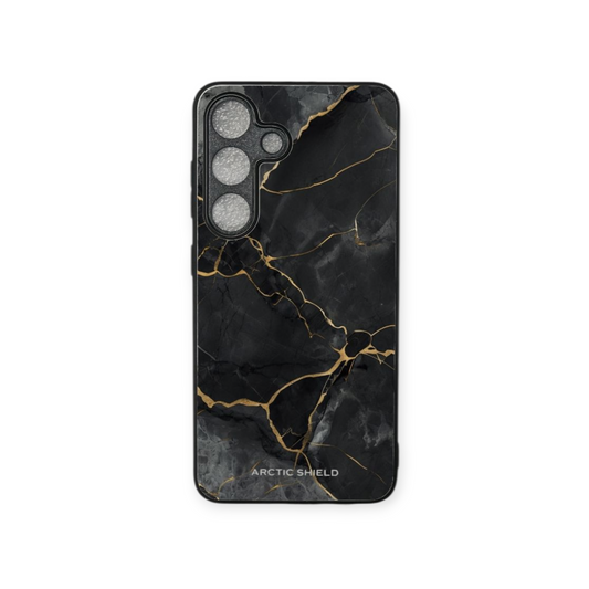 Samsung S25+ suojakuori – Musta marmori ja kulta, ylellinen Arctic Shield -design