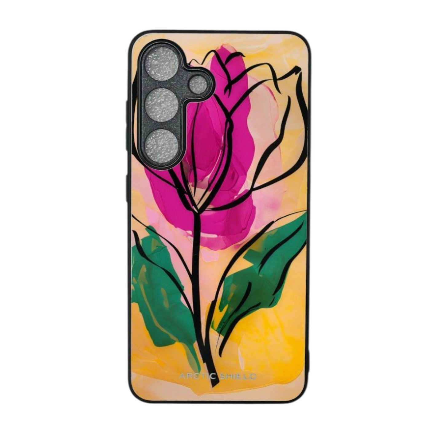 Samsung S25+ suojakuori – Pinkki kukka ja lämmin keltainen tausta, Arctic Shield -design